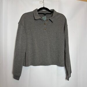 NWT Wild Fable Gray Heather Crop Top Collared 3‎ Button Long Sleeve Sweatshirt L